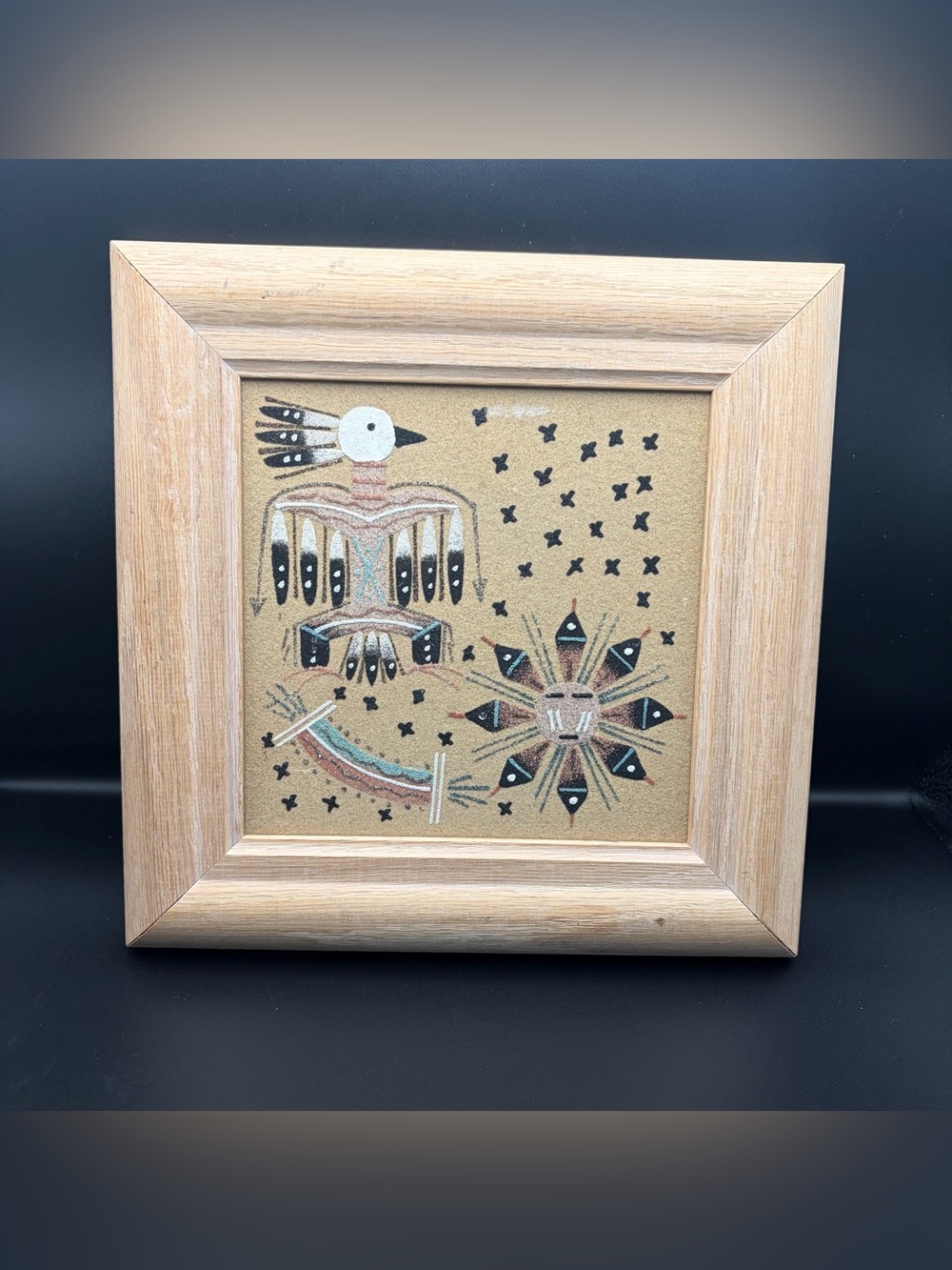 Navajo Sand Painting βEagle/Sunβ signed by artist - B Yazzie - Framed 9x9